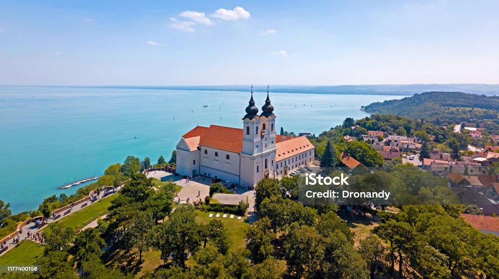 Aerial image of the Tihany Abbey Aerial image of the Tihany Abbey, at Lake Balaton in Hungary Lake Balaton Stock Photo