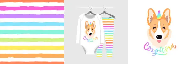 Vector illustration of Seamless pattern and illustration for kid with unicorn corgi dog, text Corgicorn