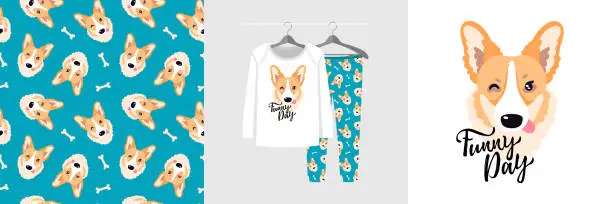 Vector illustration of Seamless pattern and illustration for kid with corgi, text Funny day