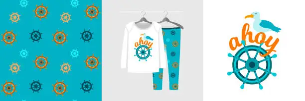 Vector illustration of Seamless pattern and illustration for kid with ship steering, text Ahoy