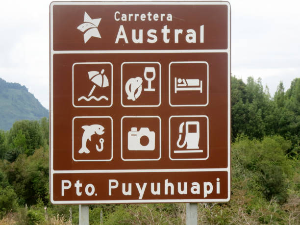 old wooden bridge at Carretera Austral, Porto Puyuhuapi in Patagonia sign Carretera Austral near Puerto Puyuhuapi in Chile carretera austral chile stock pictures, royalty-free photos & images