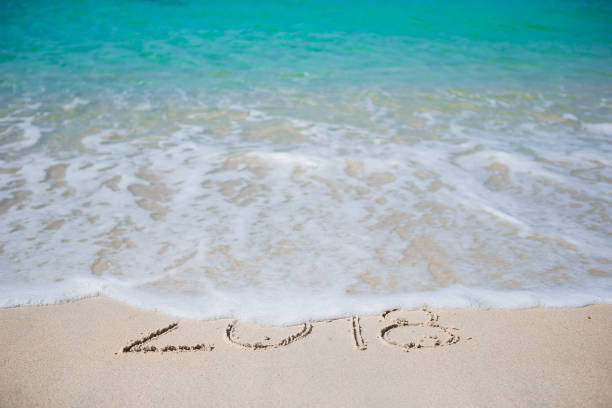 istock Happy New Year written in the white sand 1177402827