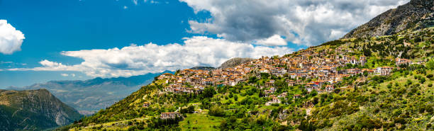 Pamoramic view of Arachova town in Greece Pamoramic view of Arachova, a mountain town in Central Greece arachova greece stock pictures, royalty-free photos & images