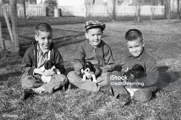 Boys With Puppies 1959 Retro Stock Photo - Download Image Now - Photograph, Photography, Family