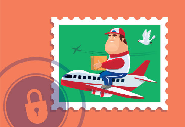 illustrations, cliparts, dessins animés et icônes de courrier s'asseyant sur l'avion avec le signe verrouillé - overnight delivery illustrations