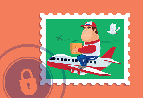 vector illustration of courier sitting on airplane with locked sign