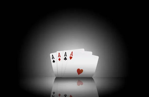 Close-up photo of four aces standing on a mirror surface with a backlight. Black background. Playing cards. Gambling entertainment, poker, casino concept.
