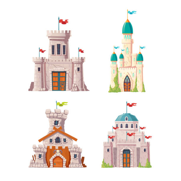 ilustrações, clipart, desenhos animados e ícones de jogo abandonado dos desenhos animados dos castelos do conto de fadas - cupola