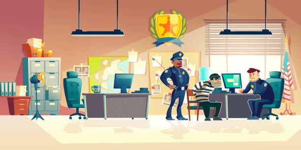 Criminal interrogation in police cartoon vector Criminal interrogation, questioning in police station. Police officers asking questions arrested thief in office, taking testimony from caught bandit, investigating crime cartoon vector illustration police interview stock illustrations