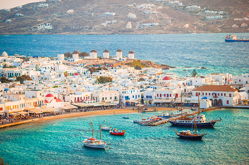 View of traditional greek village with white houses on Mykonos Island, Greece, Europe