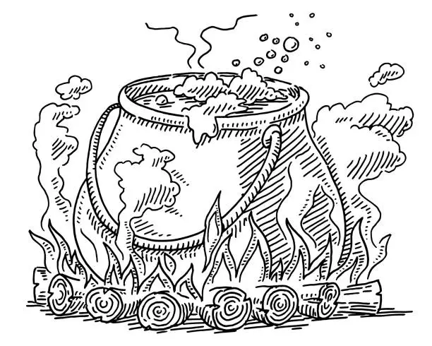 Vector illustration of Cauldron Wood Fire Magic Potion Drawing