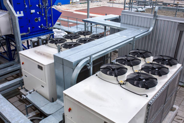 istock External infrastructure of the microclimate support system at a large industrial site. Air pipelines inlet and exhaust. Fans and air conditioning. Systems of control of pressure, humidity, temperature 1177409644