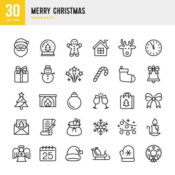 크리스마스 - 가는 선 벡터 아이콘 세트입니다. 픽셀 완벽한. 세트는 산타 클로스, 크리스마스, 선물, 순록, 크리스마스 트리, 눈송이와 같은 아이콘이 포함되어 있습니다. - 크리스마스 stock illustrations