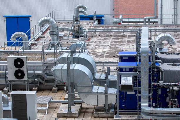 istock External infrastructure of the microclimate support system at a large industrial site. Air pipelines inlet and exhaust. Fans and air conditioning. Systems of control of pressure, humidity, temperature 1177411072