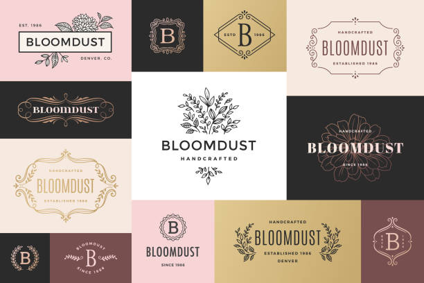 Modern Frames and Logos Collection of modern retro frames with swirls and flowers. Logo templates. plain tags stock illustrations