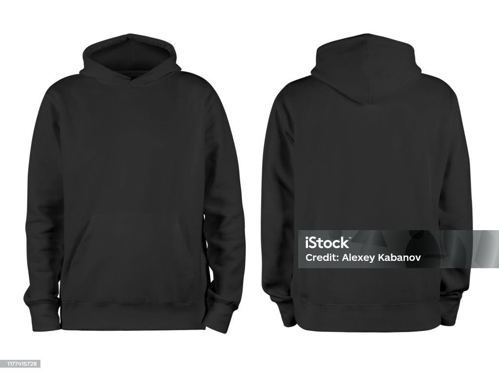 Men's black blank hoodie template,from two sides, natural shape on invisible mannequin, for your design mockup for print, isolated on white background Hooded Shirt Stock Photo