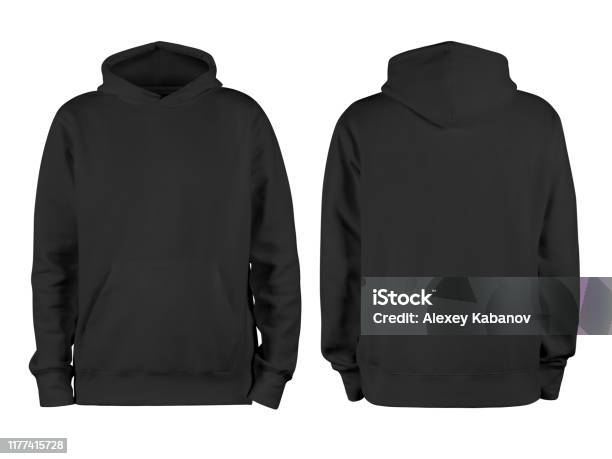 Mens Black Blank Hoodie Templatefrom Two Sides Natural Shape On Invisible Mannequin For Your Design Mockup For Print Isolated On White Background Stock Photo - Download Image Now