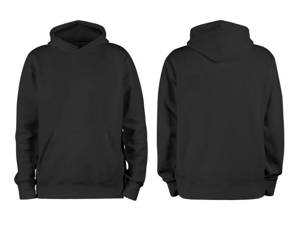 męski szablon czarnej pustej bluzy z kapturem, z dwóch stron, naturalny kształt na niewidzialnym manekinie, do makiety projektu do druku, izolowany na białym tle - czarna zdjęcia i obrazy z banku zdjęć