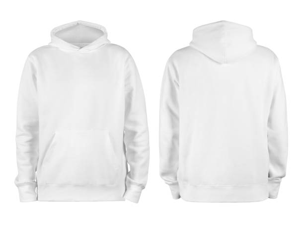 herren weiß leere hoodie vorlage, von zwei seiten, natürliche form auf unsichtbare schaufensterpuppe, für ihr design mockup für denprint, isoliert auf weißem hintergrund - kapuzenoberteil stock-fotos und bilder