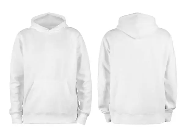 Photo of Men's white blank hoodie template,from two sides, natural shape on invisible mannequin, for your design mockup for print, isolated on white background