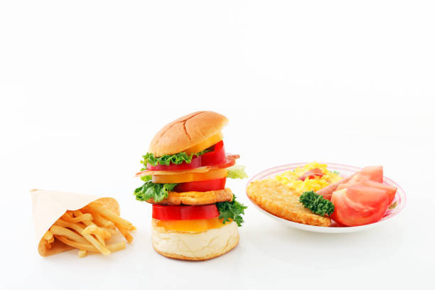 Hamburger and french fries isolated on white background