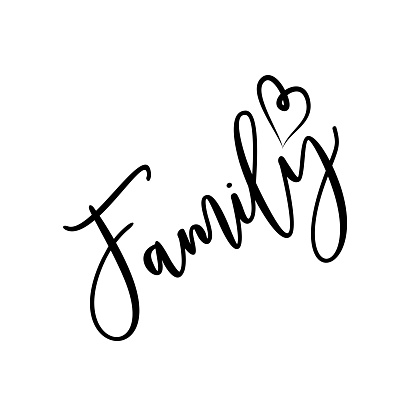 Family -positive handwritten saying text, with heart. Good for greeting card and  t-shirt print, flyer, poster design, mug.