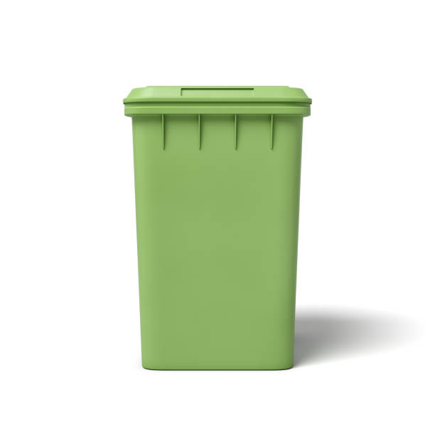 3d rendering of a light-green trash can isolated on white background. Pick up trash. Keep urban areas clean. Recycle waste.