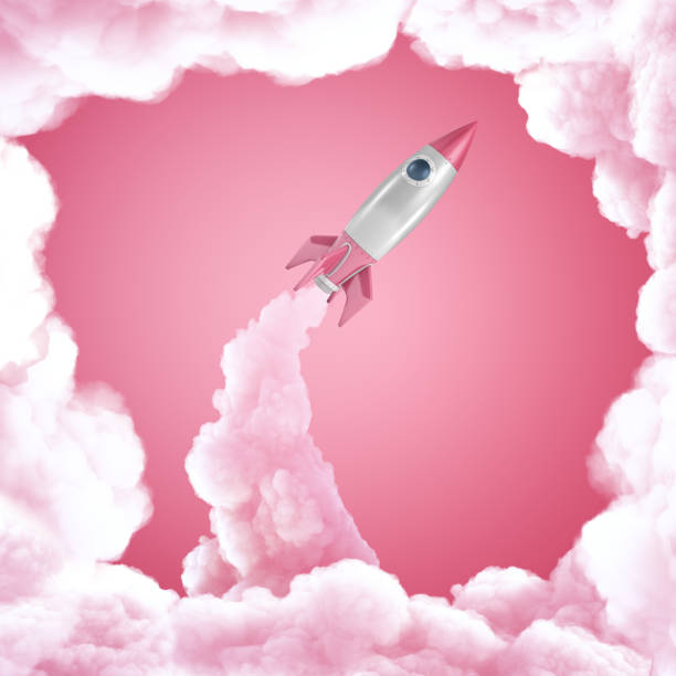 istock 3d rendering of silver pink space rocket launching on pink sky and white clouds background 1177421783