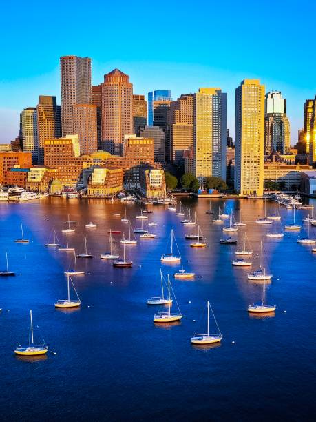 Boston Massachusetts waterfront This was taken with a drone on a peaceful summer morning in Boston, MA boston harbor stock pictures, royalty-free photos & images