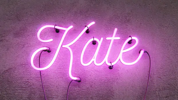 Bright pink neon sign spelling the girls name of Kate, on a concrete grunge background.