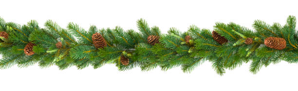Garland with green fir branches and cones isolated on white Garland with green fir branches and cones isolated on white background floral garland stock pictures, royalty-free photos & images