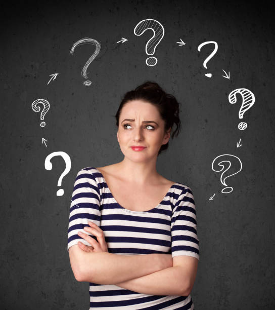istock Young woman thinking with question mark circulation around her head 1177432355