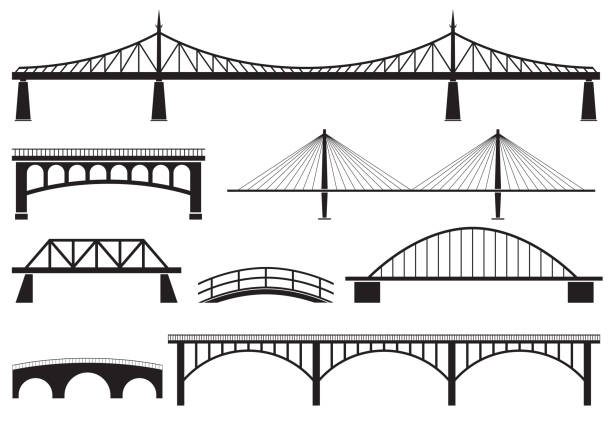 bridge-symbol-set. verschiedene brücken silhouetten. vektor-illustration. - suspension railway stock-grafiken, -clipart, -cartoons und -symbole