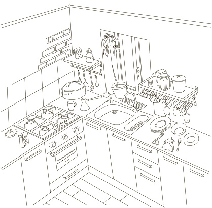 Kitchen Anime Background Style Line Drawing Art Stock Illustration -  Download Image Now - Backgrounds, Bakery, Cartoon - iStock