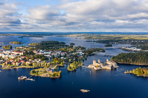 Savonlinna, Finland - September 22, 2019: City Savonlinna bird's eye view, view of the castle Olavinlinna.