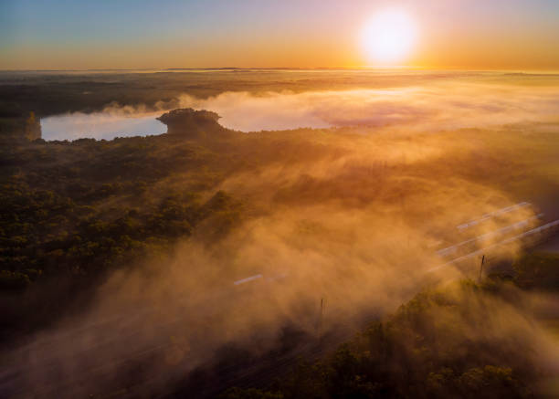 istock Fantastic foggy lake with sunlight sun beams through tree dramatic colorful scenery. 1177443808