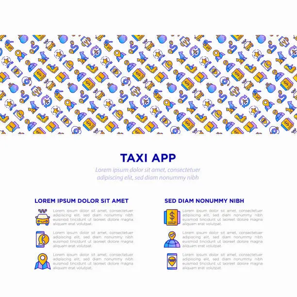 Vector illustration of Taxi app concept with thin line icons: payment method, promocode, app settings, info, support service, pointer, route, destination, airport transfer, baby seat. Vector illustration for print media.