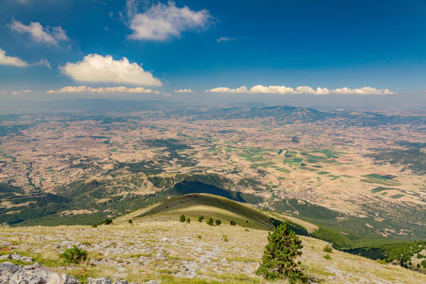 Panoramic view to the plain from Olympus mountain stock photo