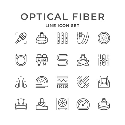 Set line icons of optical fiber isolated on white. Cable, plug, wire, cord, broadband connection, information transfer. Vector illustration