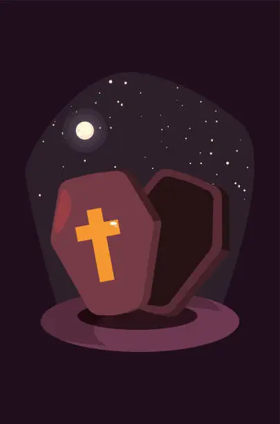 Vector illustration of wood coffin with christian cross in scene of halloween