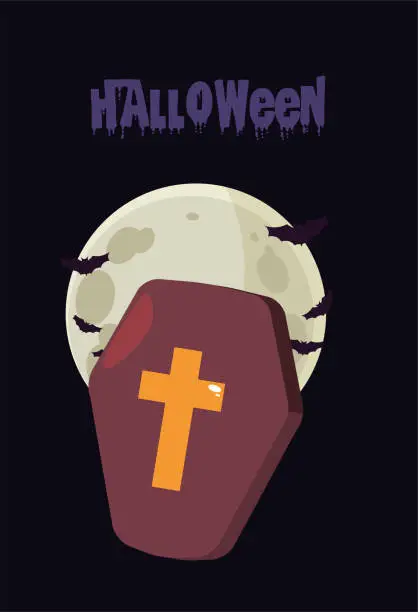 Vector illustration of wood coffin and christian cross with label of halloween