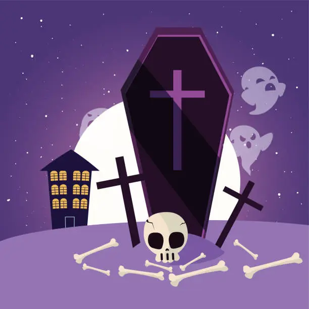 Vector illustration of wood coffin with christian cross