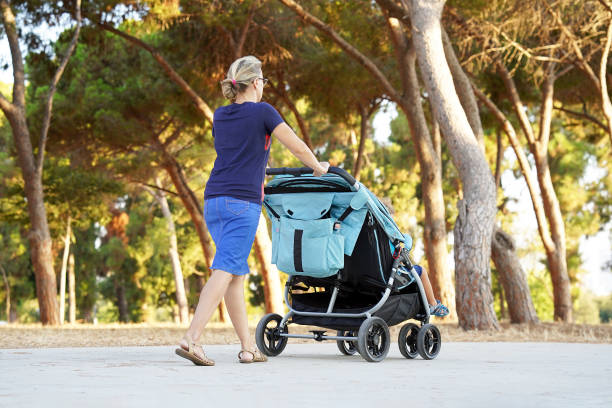 istock Woman with baby stroller walks in the park. 1177458367