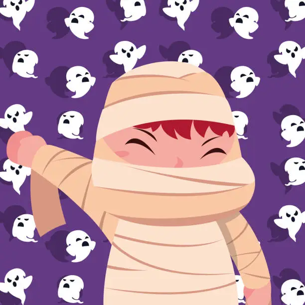 Vector illustration of cute boy disguised of mummy