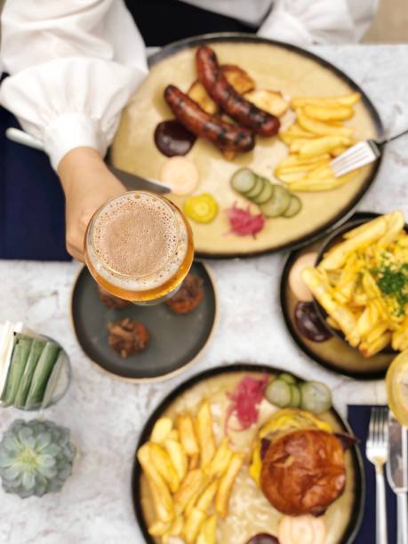 Sausages and hamburgers at a restaurant