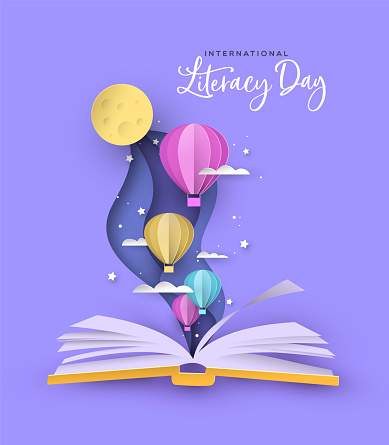 International Literacy Day greeting card illustration of open book with cute paper hot air balloons in modern papercut style. Children education or reading imagination concept for learning event.
