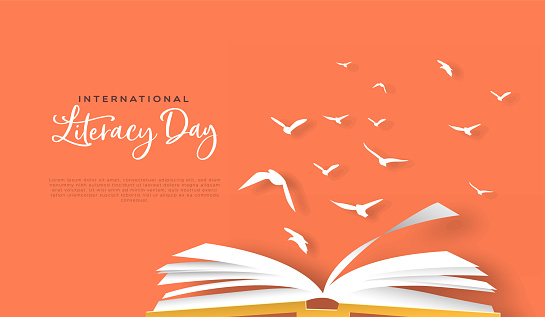 International Literacy Day greeting card template of open book with paper bird flock in modern papercut style. Cultural knowledge or reading imagination concept for education event.