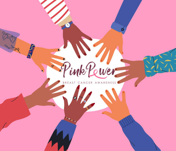 illustrazioni stock, clip art, cartoni animati e icone di tendenza di consapevolezza del cancro al seno diverse mani delle donne rosa - sezione centrale