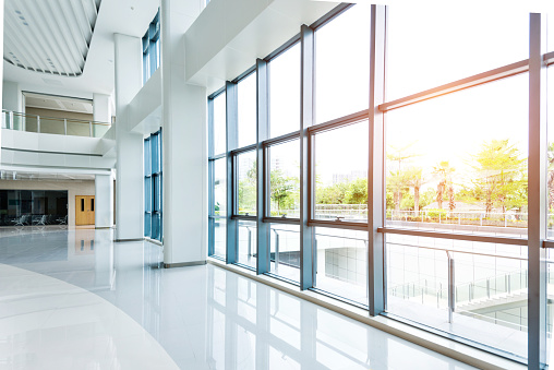 Empty lobby with glass window.