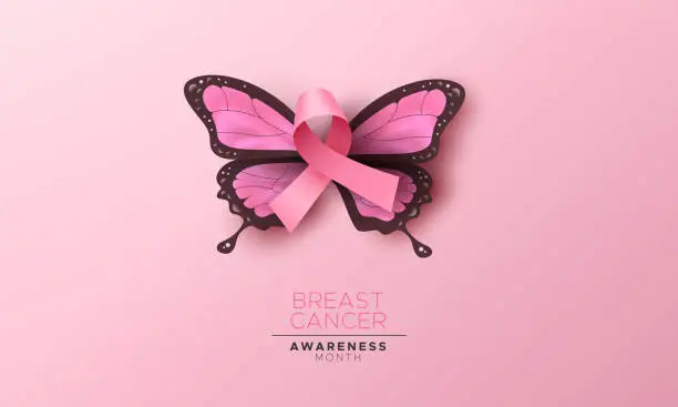 Vector illustration of Breast cancer awareness pink butterfly wing ribbon